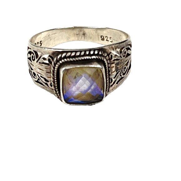 Natural Rainbow Moonstone Sterling Faceted Bezel Set Handmade Ring Size 8 - Picture 6 of 8